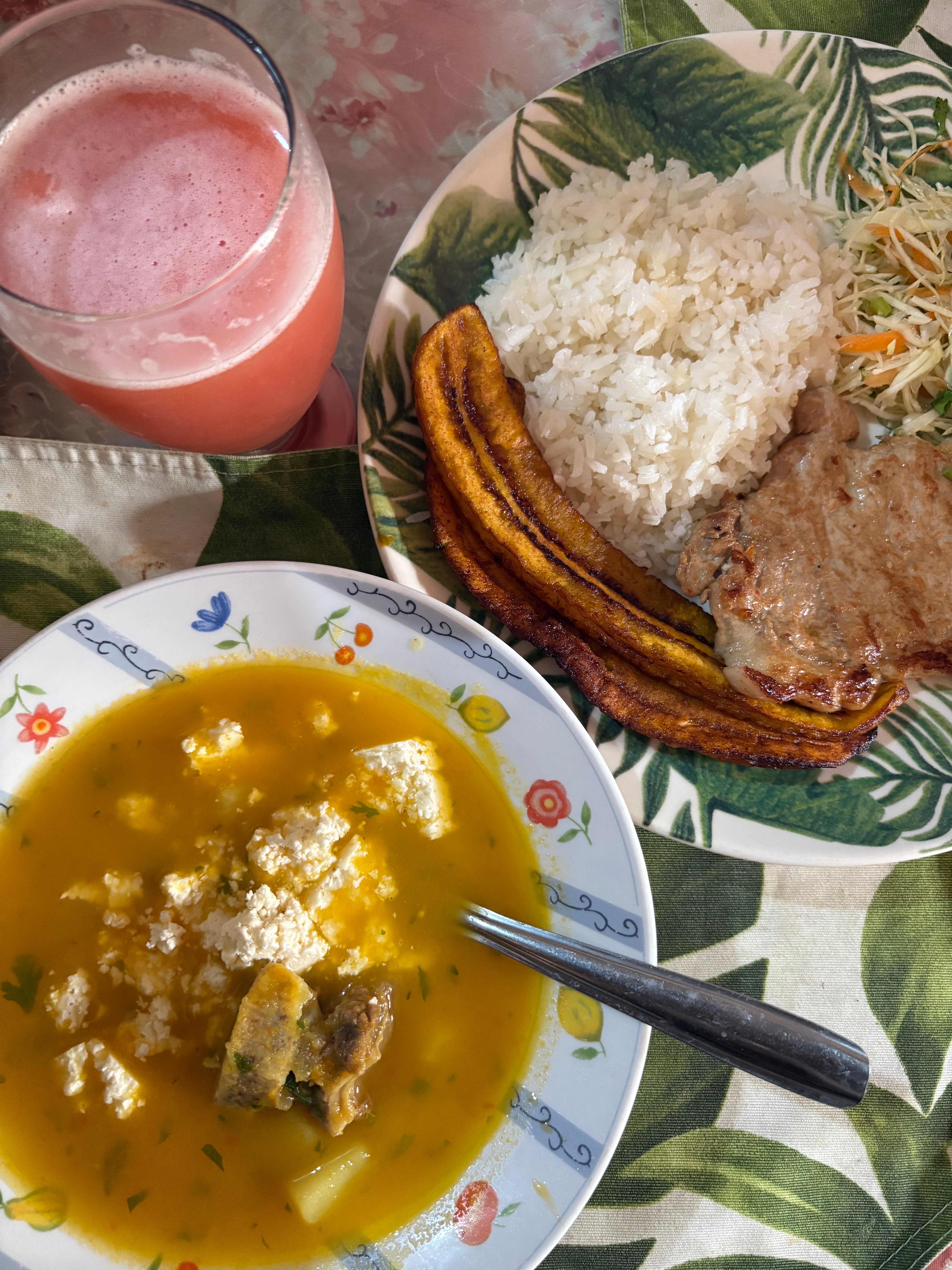 Plated traditional Colombian meal with rice, plantain, and meat